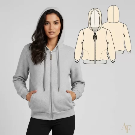 FOTO STILL - Jaqueta Bomber Feminino Adulto com Capuz - Antonia Ferreira - Modelagem, molde pronto, comprar