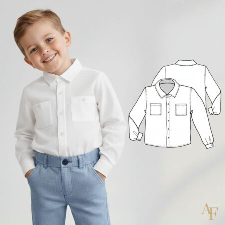 Molde de Camisa Social Infantil - Grade Completa - Modelagem por Antonia Ferreira - frente e desenho técnico