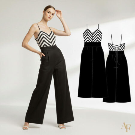 Molde digital de Macacão Pantalona com alças cruzadas, cós largo e bojo embutido. Modelagem em alfaiataria, elegante e ajustada.