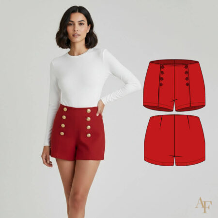 Molde digital de Shorts Marinheiro em alfaiataria com cós embutido e forro. Modelagem justa, ideal para looks elegantes ou conjunto tailleur.