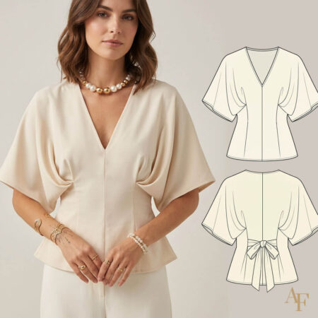 frente do Molde de Elegante Blusa com Manga Morcego com Laço - Grade Completa - Modelagem por Antonia Ferreira