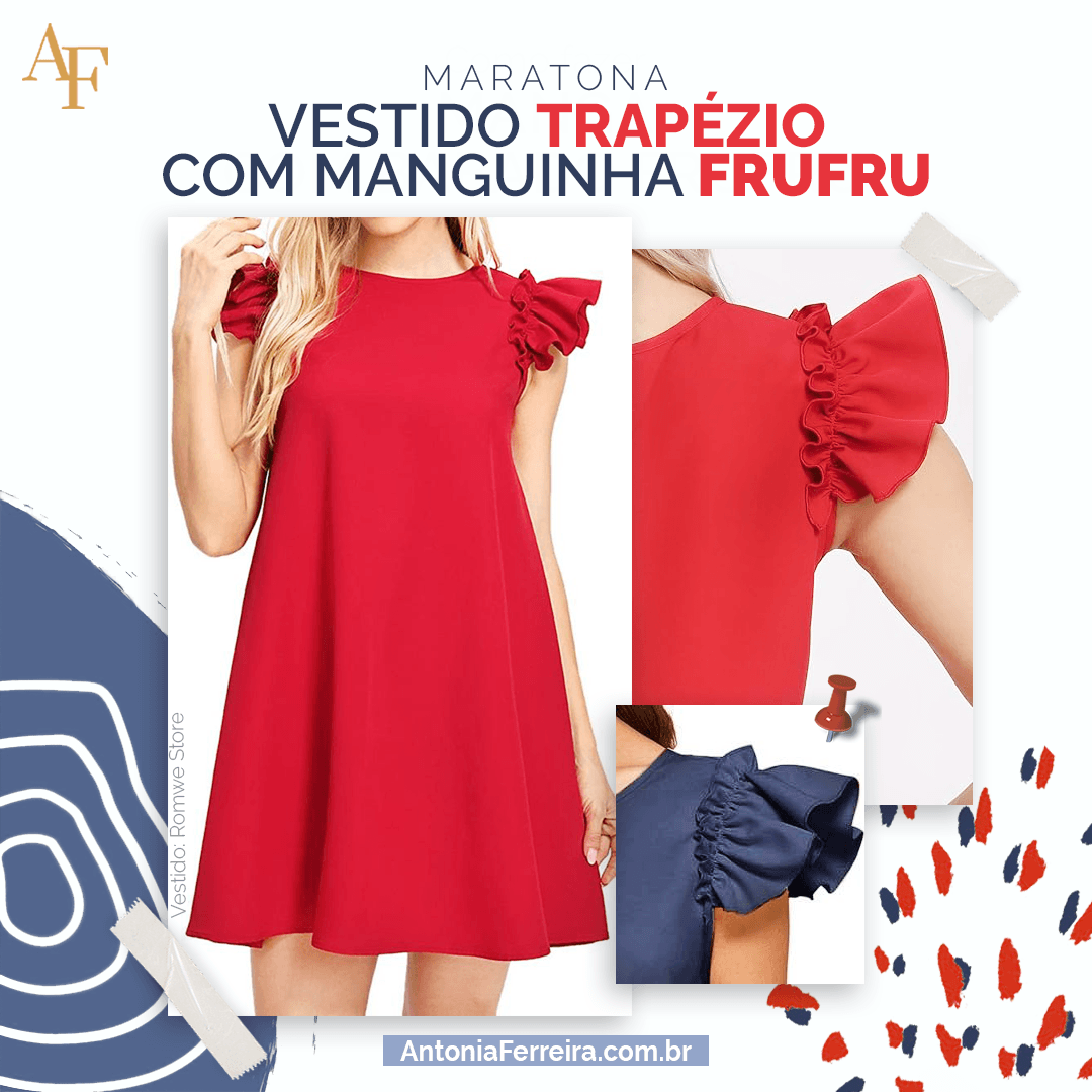 Acesso à Maratona do Vestido Trapézio com Manguinha Frufru + Molde Digital em PDF (do PP ao GG). Aprenda modelagem, costura e acabamentos com a professora Antonia Ferreira